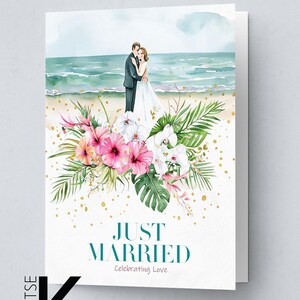 Carte de mariage sur la plage Just Married, motif floral tropical,