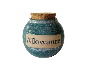 Vintage Handmade Allowance Typography Art Pottery with Cork /  Savings Jar for Allowance Things