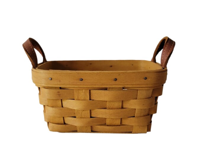 Longaberger Basket With Leather Handles / Longaberge Woven Wood Basket