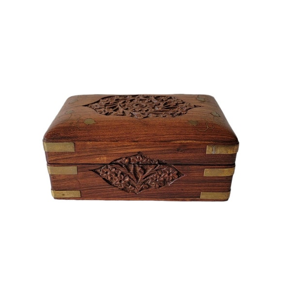 Vintage Wooden Floral Hand Carved Inlaid Jewelry Chest Trinket Box With Brass Accents / Boho Hippie Decor Self Care Gift Box Made in India