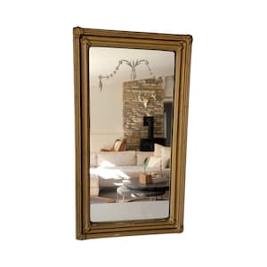 Vintage Gold Wood Framed Wall Mirror | Hollywood Regency Ornate Wood Framed Rectangular Mirror with Etched Glass