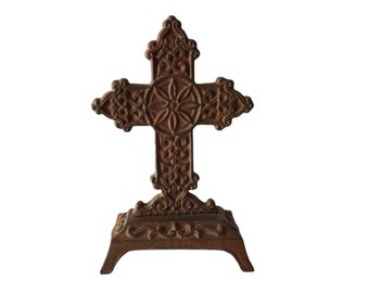 Vintage Iron Tabletop Cross Made in Mexico / Southwestern Religious Decor / Ornate Fleur De Lis Victorian Style Standing Cross