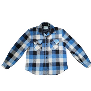 Vintage Outdoor Exchange Checked Shirt - Jacket / Plaid Wool-Linen-Acrylic-Polyester Camp Jacket / Blue Black Checked Button Up Large