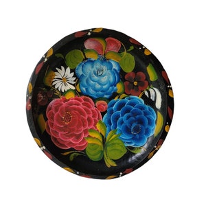 Vintage Hand Painted Batea Mexican Wood Bowl // Mexican Floral Batea Bowl // Mexican Folk Art Wood Bowl - Wall Hanging