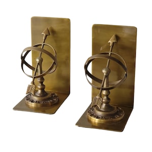 Vintage Brass Armillary Sphere Sundial Bookends Made in India Sundial Globes Roman Numeral Equatorial Band, Old World Nautical Marine Decor
