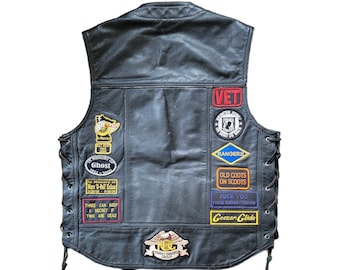 Vintage Harley Davidson Genuine Leather Motorcycle Vest with Great Patina Loaded with Patches and Pins Moto Biker Motorcycle Vest Size Med.