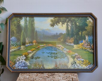 RARE 1910s Vintage Original R Atkinson Fox Print "Nature's Treasures" | Antique Wood Art Deco Frame Rare Landscape Garden Floral Pond Print