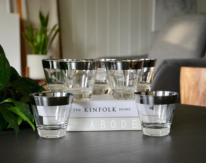 Vintage MCM Silver Rimmed Rocks Bourbon Whisky Lowball Glasses Dorothy ...
