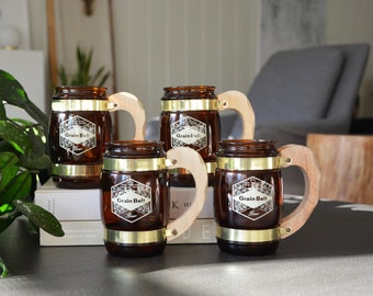 Set of 4 Vintage 1960's Grain Belt Beer Brown Glass Wooden Handle Siesta Ware Mugs USA / Amber Barrel Glass Beer Mugs