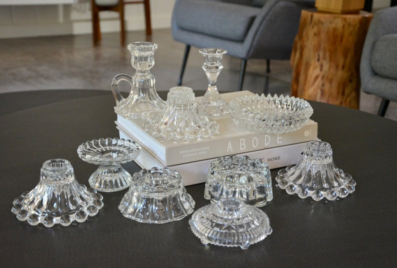 Antique Glass Candle Holder Collection Instant Curated Lot of 10 / Crystal and Cut Glass Candlestick Holders Wedding Decor Table Centerpiece image 10