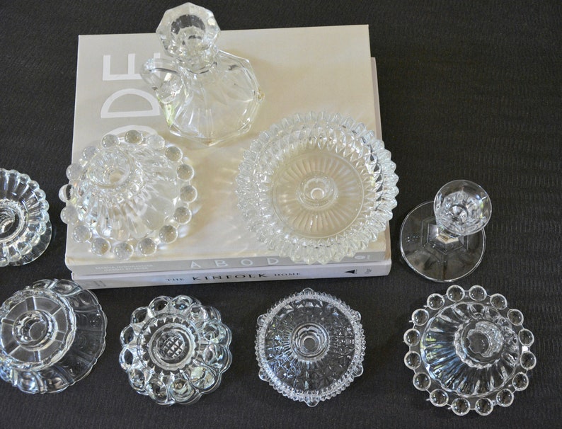 Antique Glass Candle Holder Collection Instant Curated Lot of 10 / Crystal and Cut Glass Candlestick Holders Wedding Decor Table Centerpiece image 9