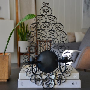 Vintage Large Mid Century Modern Black Iron Metal Filigree Scroll Double Taper Candlestick Wall Sconce Holder