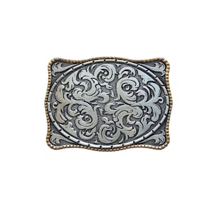 Western Storming Silver Belt Buckle Floral Engraved Accents Rolled Edge