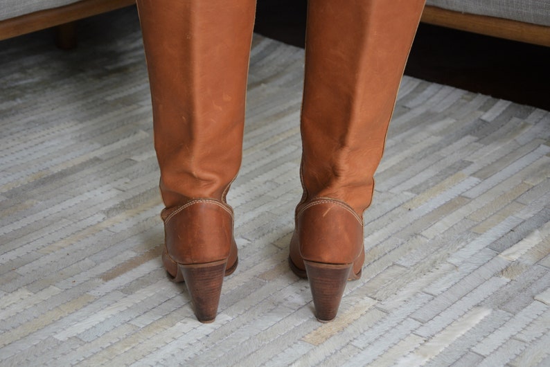 Vintage Women/'s Tall Leather Boots by Zodiac Genuine Camel Brown Leather Festival Wear Cowgirl Western Heeled Boots Size 7