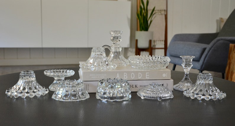 Antique Glass Candle Holder Collection Instant Curated Lot of 10 / Crystal and Cut Glass Candlestick Holders Wedding Decor Table Centerpiece image 7