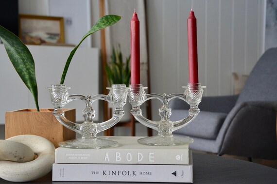 Vintage 1930s Art Deco Glass Dual Taper Candle Holder Vintage 1930s Art Deco Glass Dual Taper Candle Holder