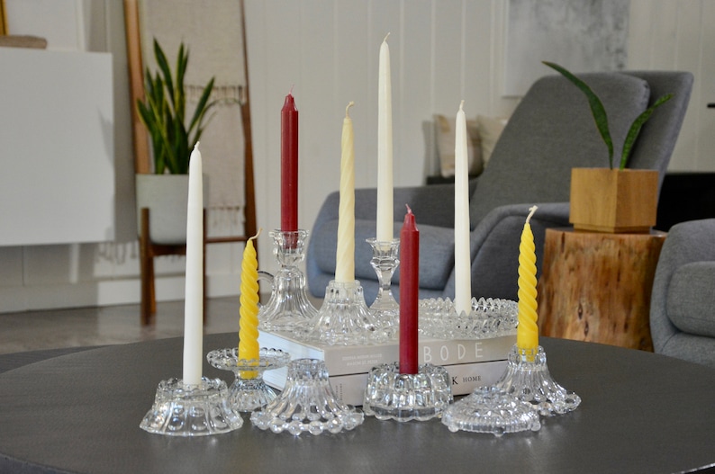 Antique Glass Candle Holder Collection Instant Curated Lot of 10 / Crystal and Cut Glass Candlestick Holders Wedding Decor Table Centerpiece image 6