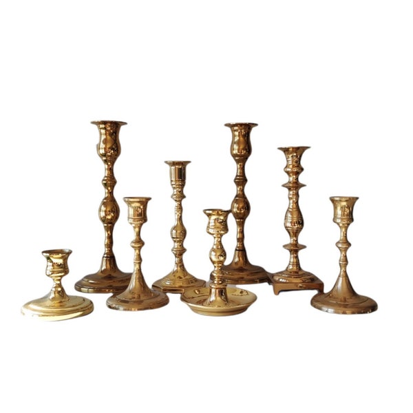 Vintage Large Substantial Mixed Brass Candlestick Holders Set of Eight | Heavy Brass Taper Candle Holders Wedding Decor Table Centerpiece