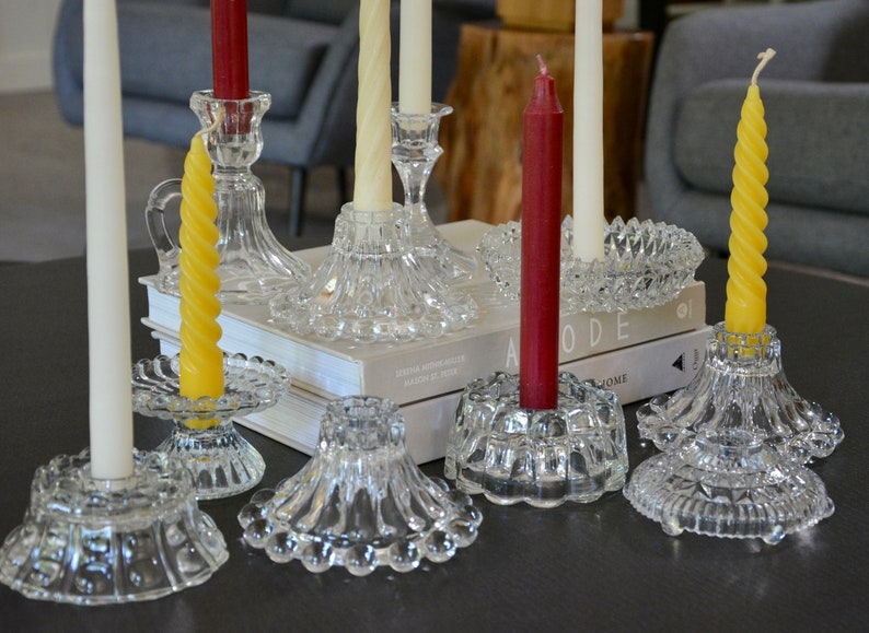 Antique Glass Candle Holder Collection Instant Curated Lot of 10 / Crystal and Cut Glass Candlestick Holders Wedding Decor Table Centerpiece image 4