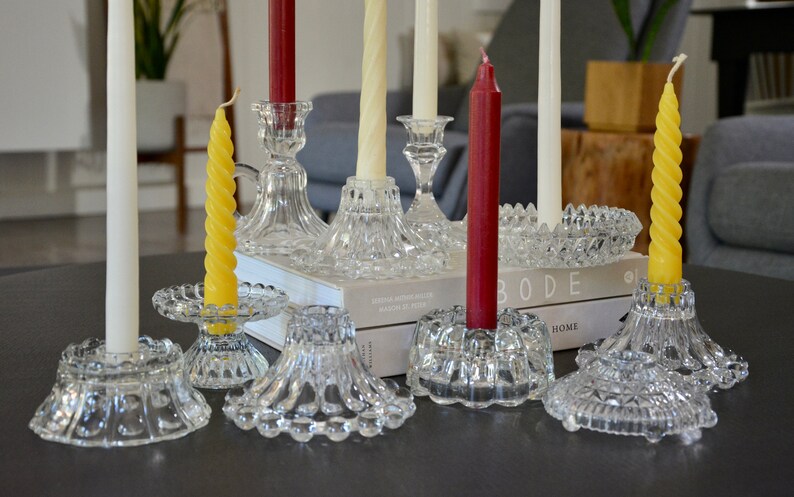 Antique Glass Candle Holder Collection Instant Curated Lot of 10 / Crystal and Cut Glass Candlestick Holders Wedding Decor Table Centerpiece image 2