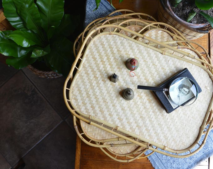 Vintage SET of 7 Bamboo Rattan Serving Trays // Plant Stands Etsy