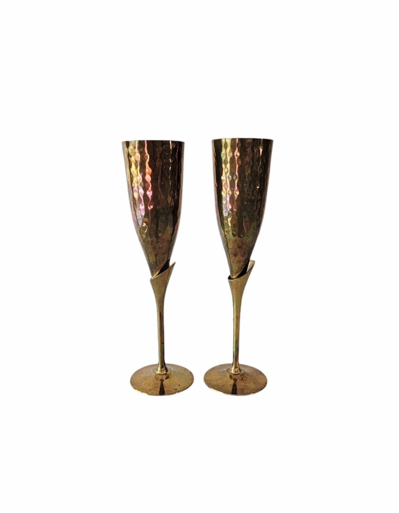 Champagne Flutes, Set of 4 Champagne Glasses Stemmed Toasting Drinkware with Decorative Brass Metal Hammered Style Base