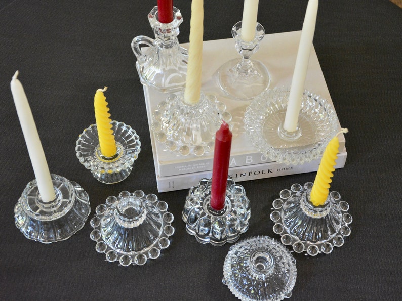 Antique Glass Candle Holder Collection Instant Curated Lot of 10 / Crystal and Cut Glass Candlestick Holders Wedding Decor Table Centerpiece image 3