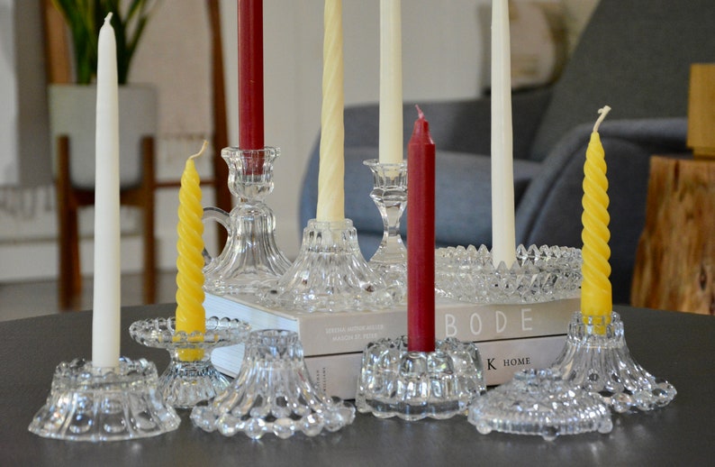 Antique Glass Candle Holder Collection Instant Curated Lot of 10 / Crystal and Cut Glass Candlestick Holders Wedding Decor Table Centerpiece image 5