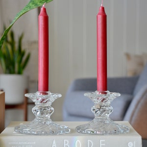 Vintage Pair of Fostoria Colony Candlestick Candle Holders / Set of Two Fostoria Art Deco Swirl Glass Taper Candle Holders Set of Two