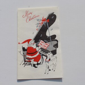 Carte vintage Père Noël et renne à paillettes de Noël jouant du piano INUTILISÉ Artisanat de réservation de ferraille de vacances