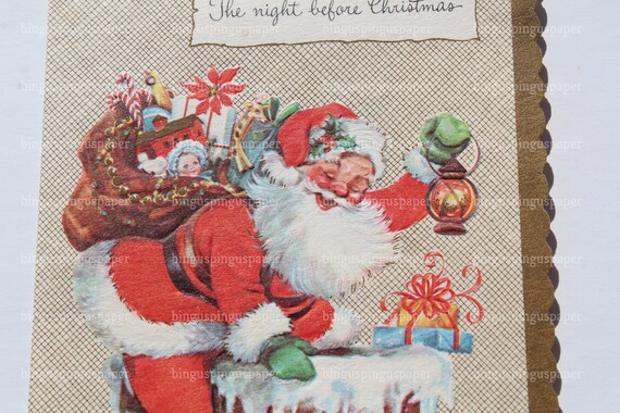Vintage Jolly Santa Claus On A Chimney Card Night Before Christmas Card Sack Full Of Gifts 1950s 50s Used Scrap Booking And Crafts - 