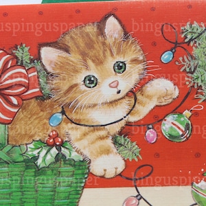 Carte de voeux chaton jouant avec une décoration de Noël, avec enveloppe décorée, mignon pour les amoureux des chats, inutilisé, scrapbooking, graphiques de vacances fabriqués aux États-Unis