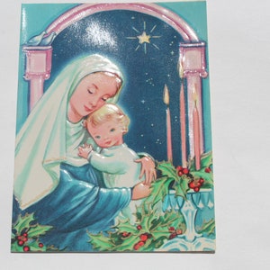 Carte de Noël de la Madone et de l’Enfant Jésus, brillant en relief, religieux inutilisé du milieu du siècle des années 50, scrap booking graphiques à l’ancienne