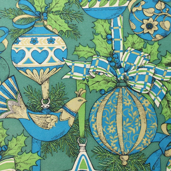Vintage Mod Navidad regalo de papel de embalaje, azul verde oro ornamento de Partridge, 1 hoja
