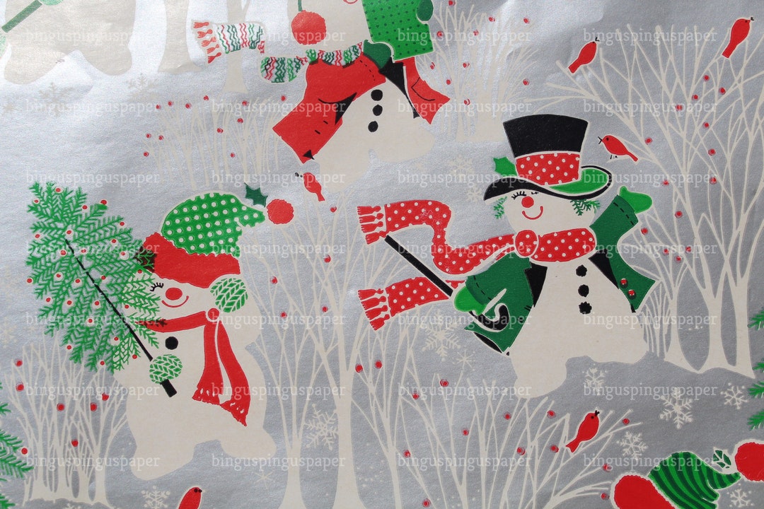 Vintage 1950s Christmas Wrapping Paper Gift Wrap Green Bells on Red [B}
