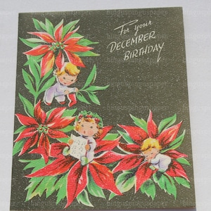 Carte de Noël d'anniversaire de décembre des années 40 avec des fleurs d'ange et de poinsettia rouges