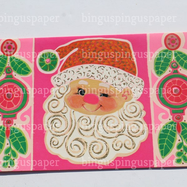 Pink & Green Santa Claus Christmas Card,Gnome,  USED, Mod Retro Mid Century, Scrap Booking