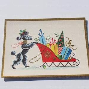 French Black Poodle Christmas Card Sleigh of Gifts Cute Puppy Dog Greeting Holiday Card