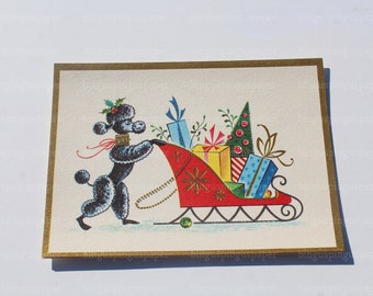French Black Poodle Christmas Card Sleigh of Gifts Cute Puppy Dog Greeting Holiday Card