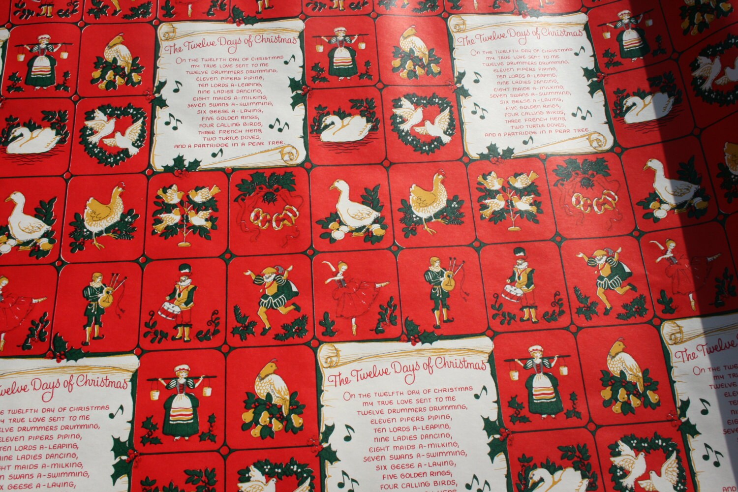 Vintage Christmas Wrapping Paper by the Yard, Twelve Days of Christmas