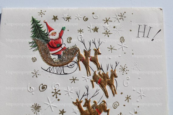 Vintage Santa Claus Reindeer Sleigh Christmas Card With Gold Glitter 1950s 50s Used For Scrap Booking And Crafts