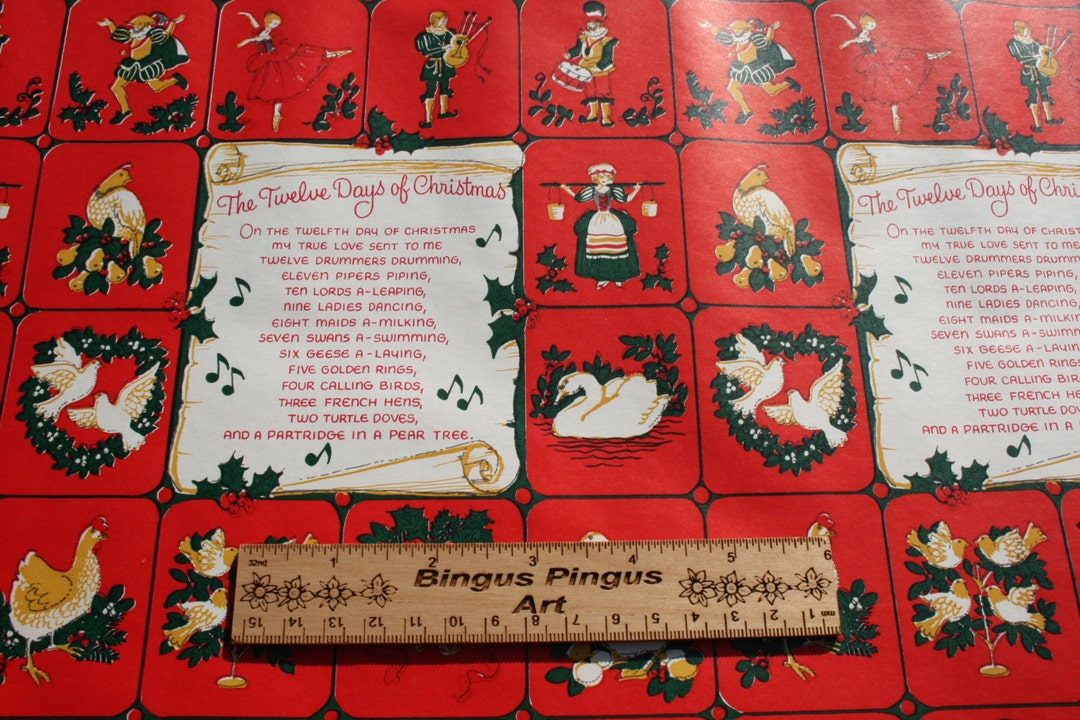 Vintage Christmas Wrapping Paper by the Yard, Twelve Days of Christmas
