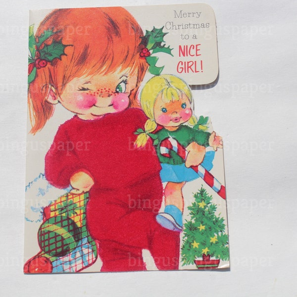 Cute Girl with Doll Christmas Card, UNUSED for Kids Paper Crafts and Scrap Booking, Made in USA