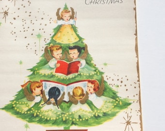 Unused Adorable Angel Christmas Card,  Angels in Christmas Tree, Christmas Holiday Card