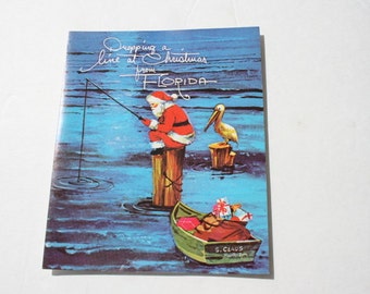 Vintage Unused Jolly Santa Claus Fishing in Florida Card