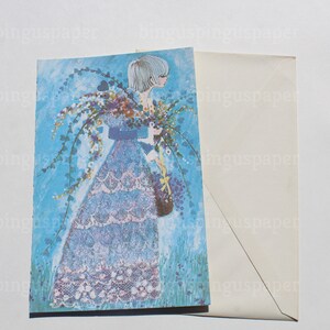 Carte d'anniversaire Mod Blue Girl with Flower Cart, 1970s 70s, jamais utilisée avec l'enveloppe, made in USA