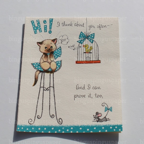 Vintage Kitty Cat and Bird in Cage Thinking of You Card with Envelope By Hallmark