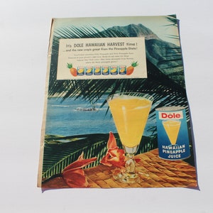 Vintage 50s Dole Hawaiian Pineapple Juice Advertising from Magazine to Frame for Wall Decor