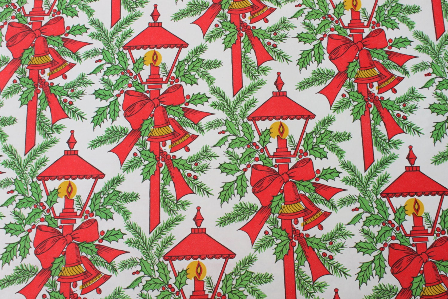 Vintage Large Roll Department Store Christmas Wrapping Paper Tree Holly  Bells 6”