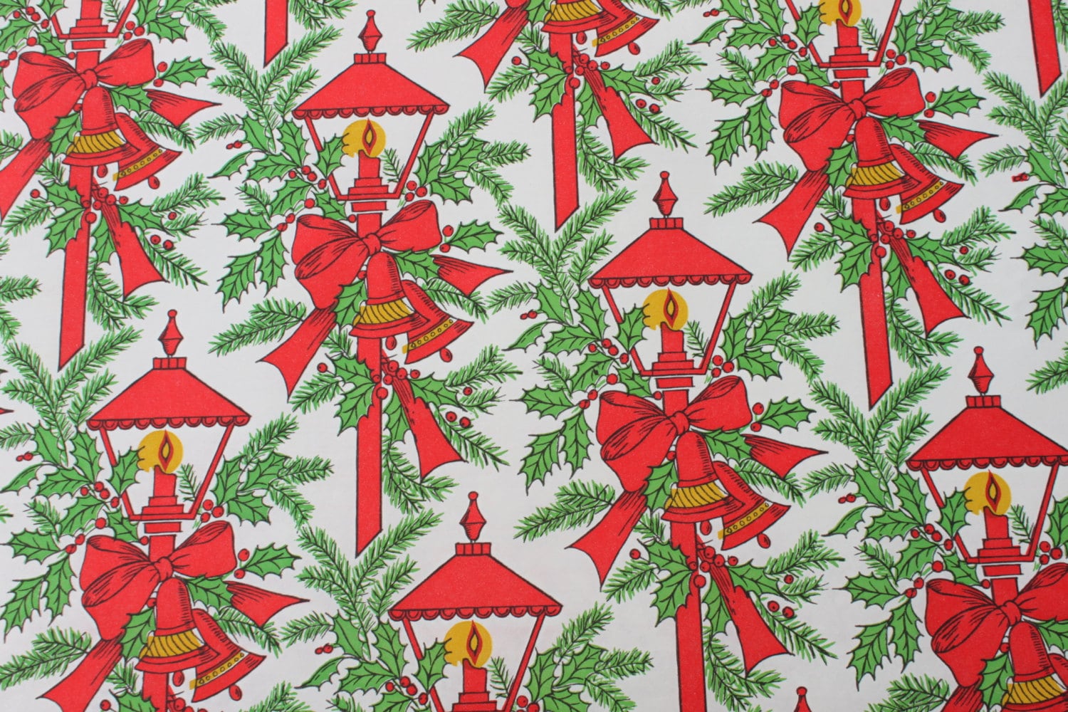 Vintage 1950s Christmas Wrapping Paper Gift Wrap Green Bells on Red [A}